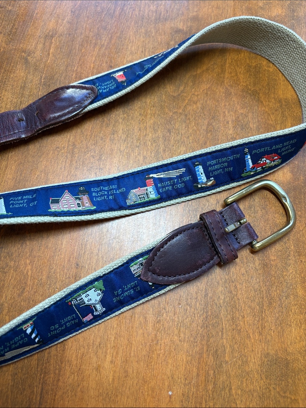 Men's Navy Lighthouse Ribbon Canvas Belt with Brown Leather Trim - Picture 3 of 11